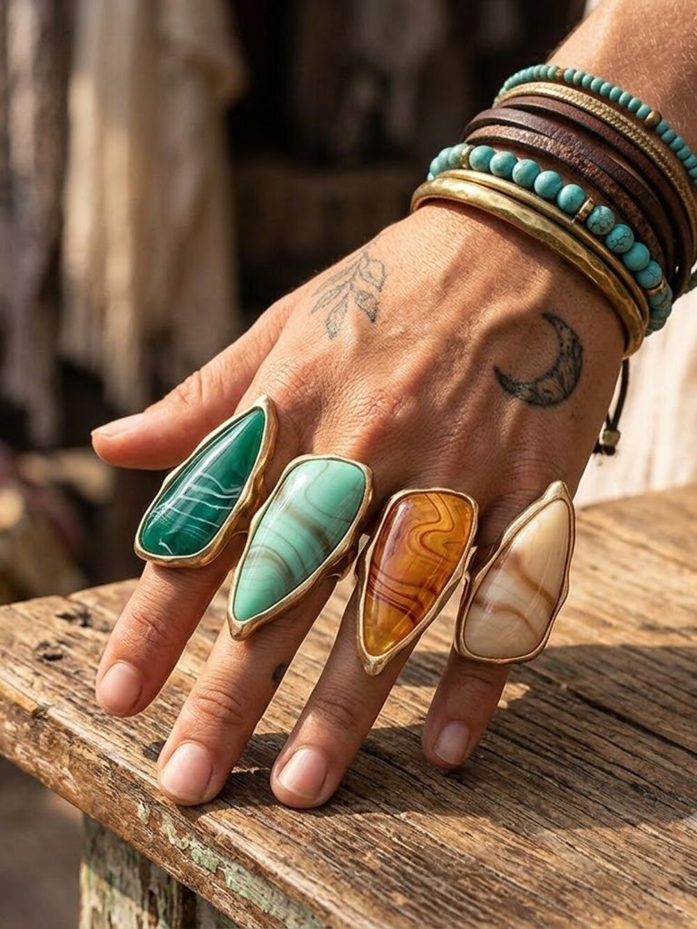 Anthropologie Inspired Natural Agate Stone Gold Dip Boho Stretch Statement Ring